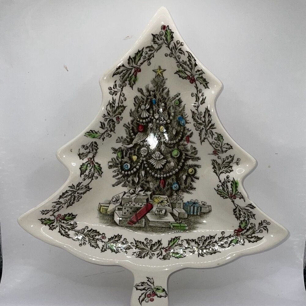 Vintage Johnson Bros Merry Christmas 8” Tree Shaped Candy Dish Plate England